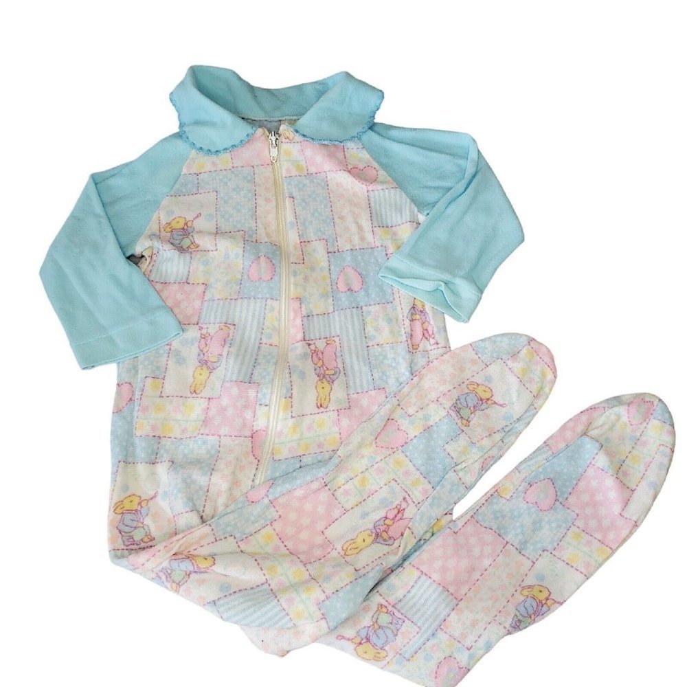 Vintage Patchwork Peter‎ Rabbit Flannel Footie Sleeper Pajamas Baby Girl 6/12 M
